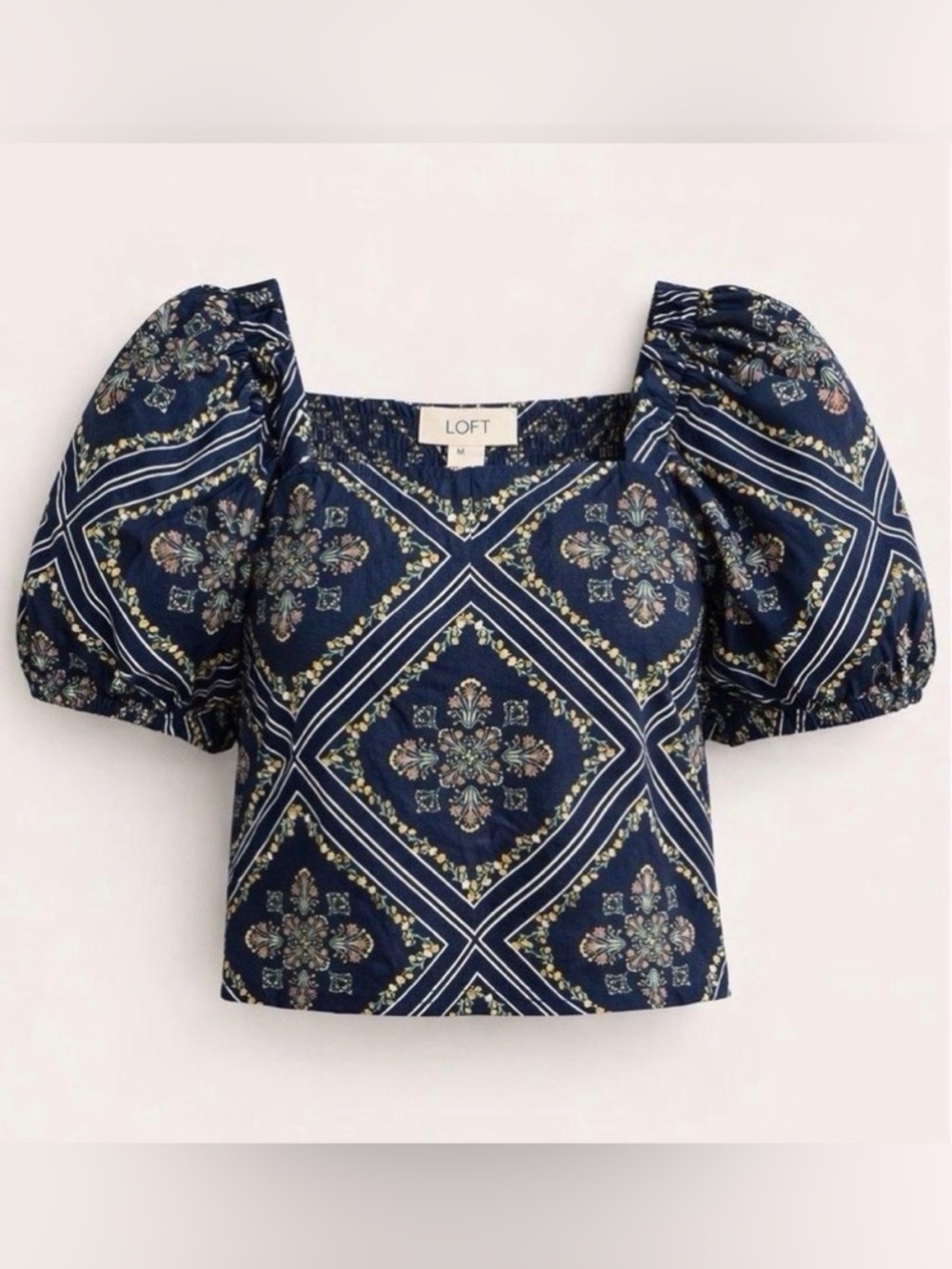 LOFT Navy Puff Sleeve Crop Top